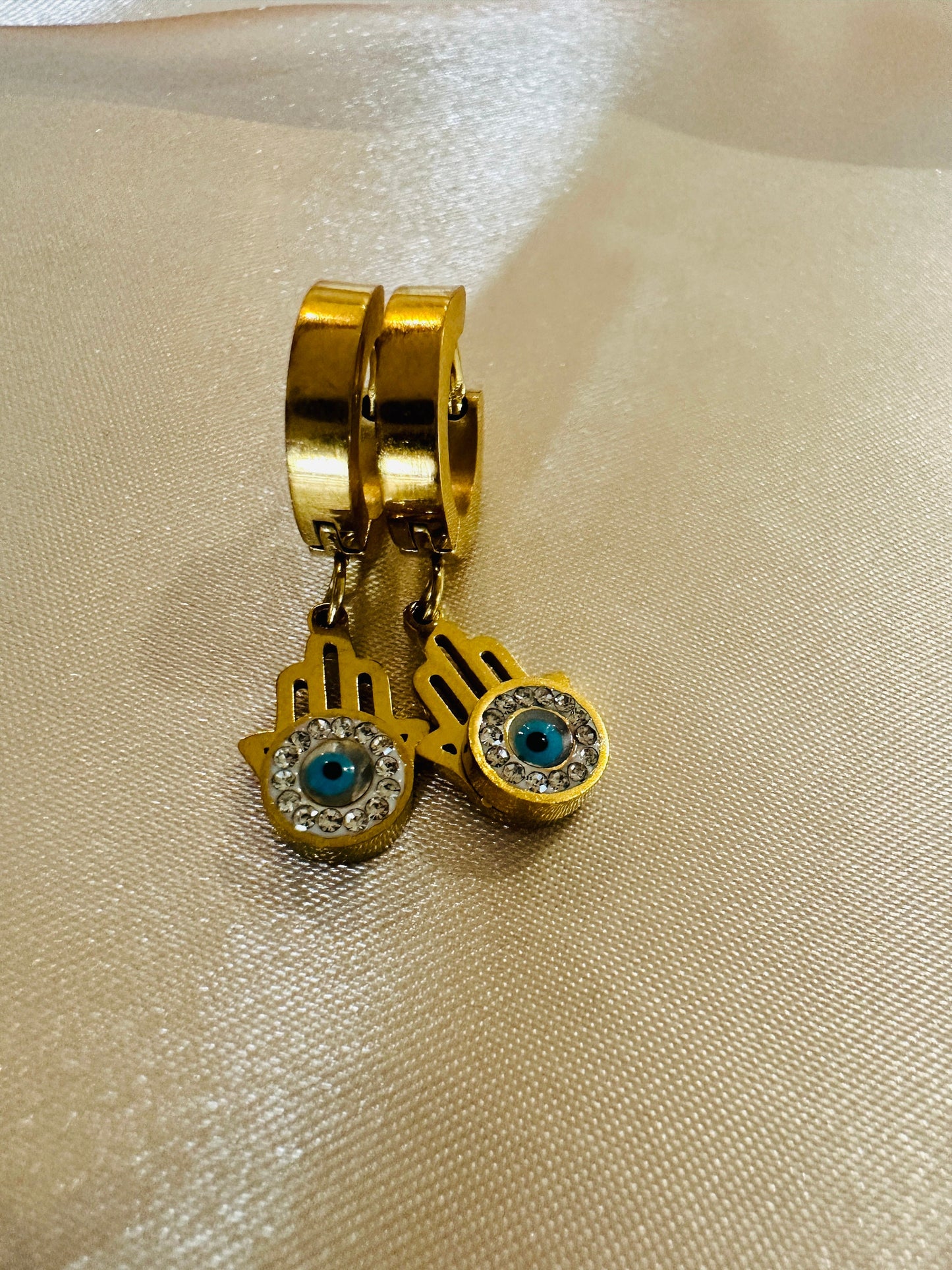 Gold Hamsa Hand Evil Eye Earrings: 18K Plated Stainless Steel