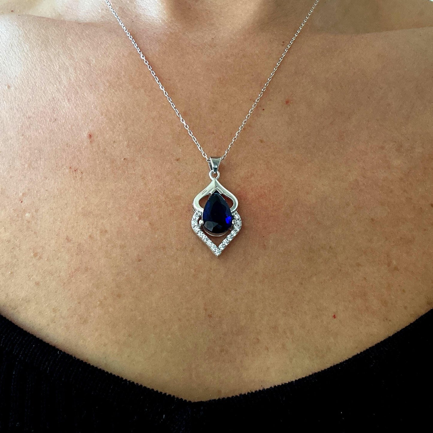 September Birthstone Necklace - Sapphire Teardrop Pendant in Sterling Silver
