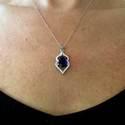 September Birthstone Necklace - Sapphire Teardrop Pendant in Sterling Silver