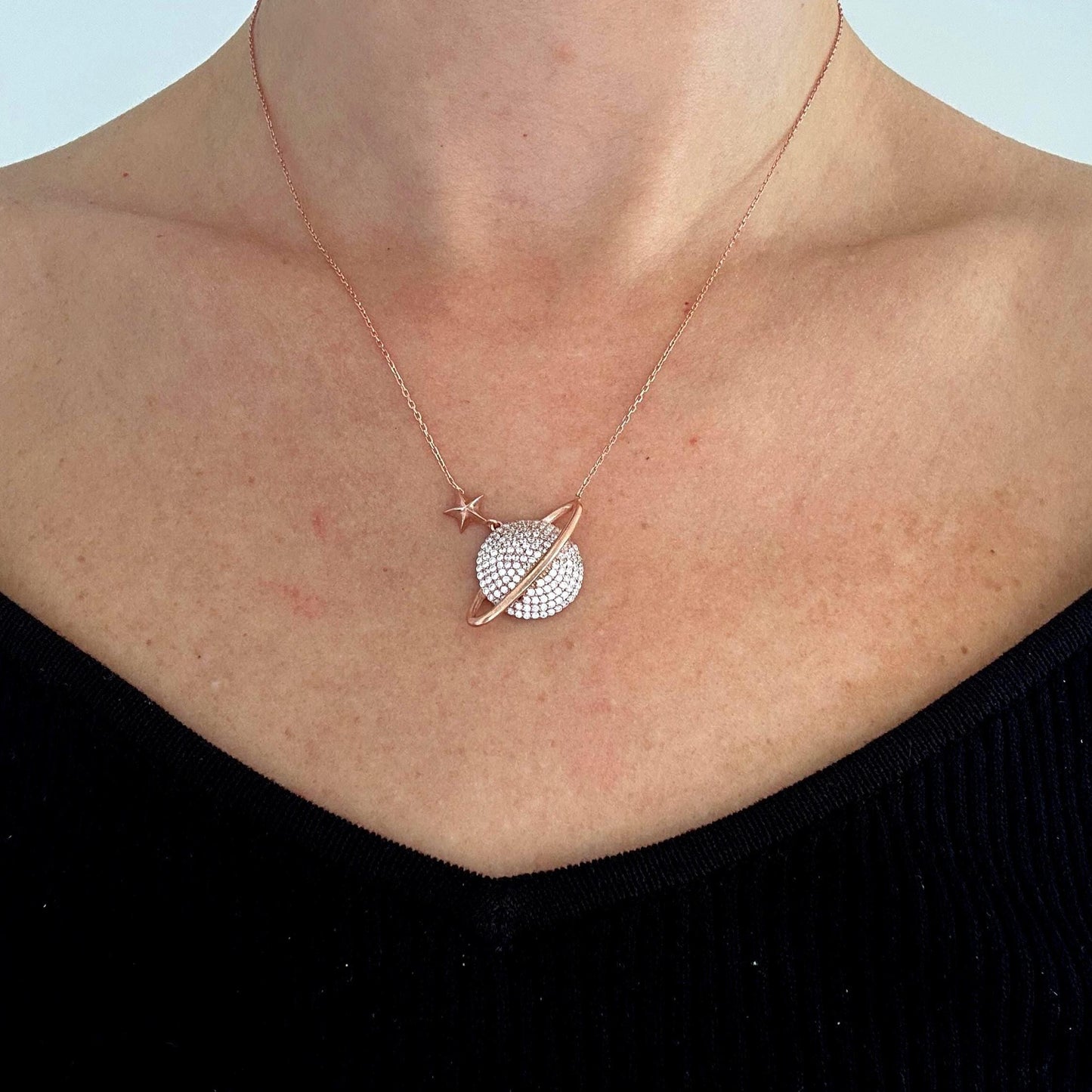 Sterling Silver Planet Pendant, Saturn Necklace in Rose Gold, Celestial Charm, Space Necklace,Exclusive Gift for Her