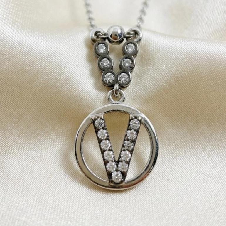 Personalized Sterling Silver V Initial Necklace - Custom Letter with Zircon