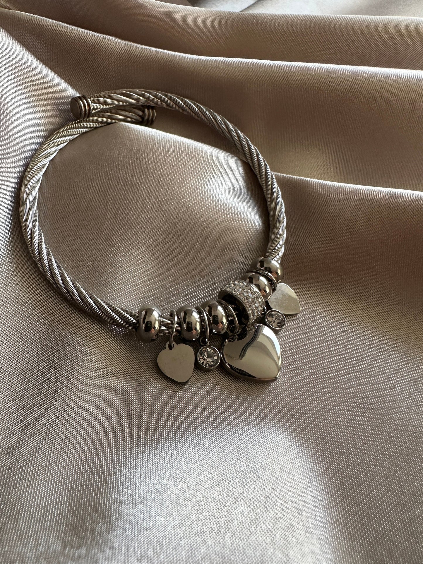 Silver Stainless Steel Charm Bangle: Hypoallergenic Heart Bracelet