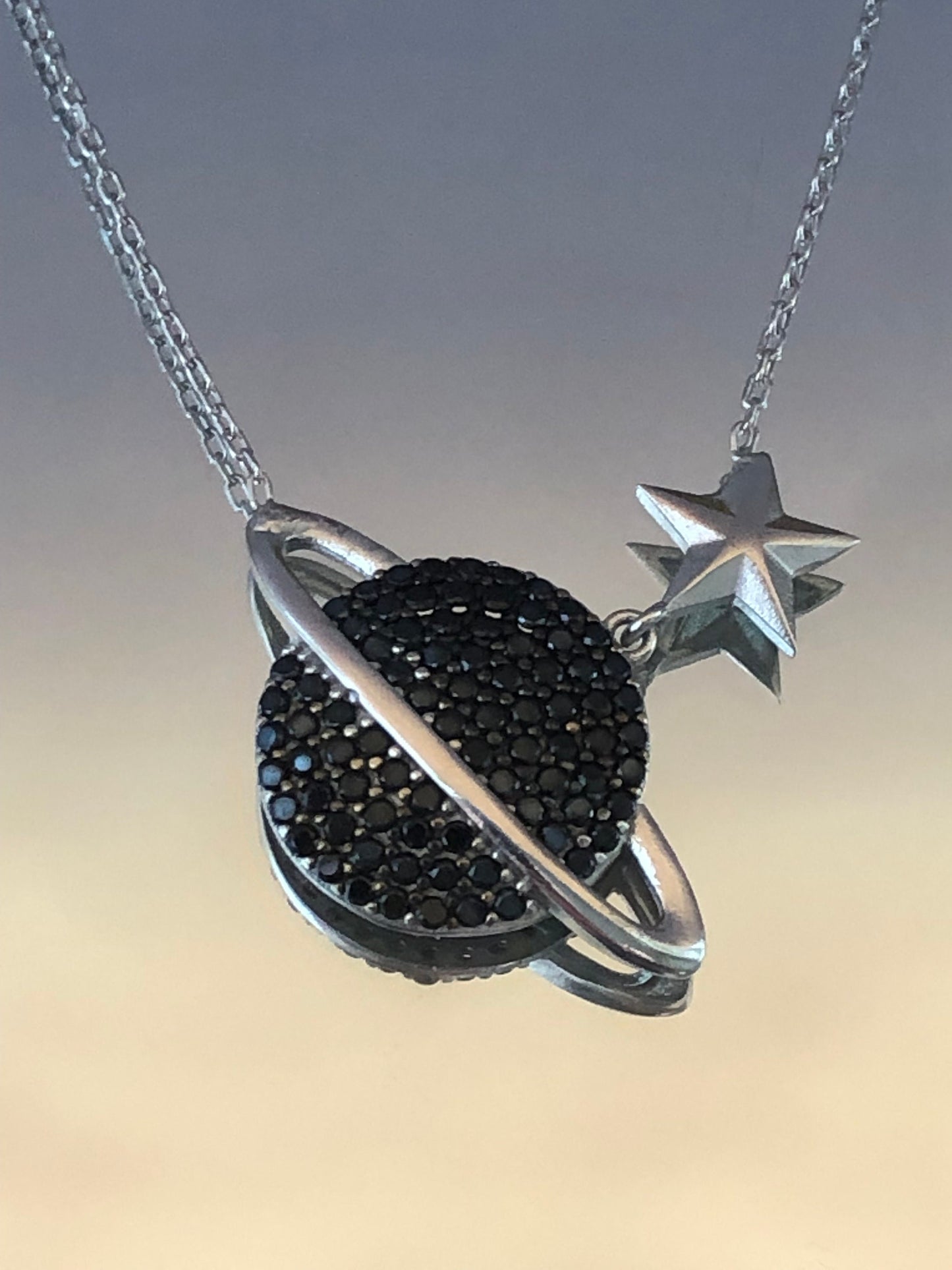 Glamorous Cosmic Necklace - Black Zircon Saturn Pendant in Sterling Silver -Gift for Her