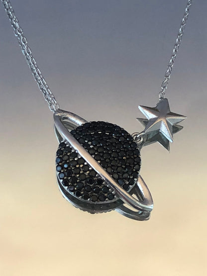 Glamorous Cosmic Necklace - Black Zircon Saturn Pendant in Sterling Silver -Gift for Her