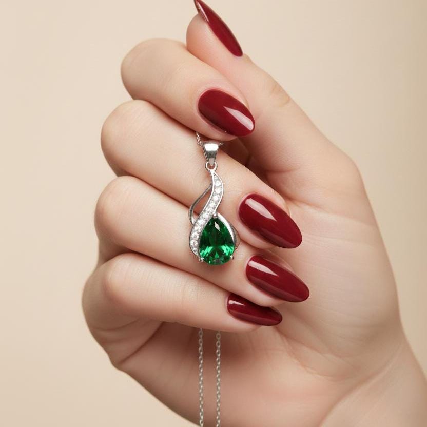 Emerald Teardrop Necklace – Sterling Silver May Birthstone Pendant -