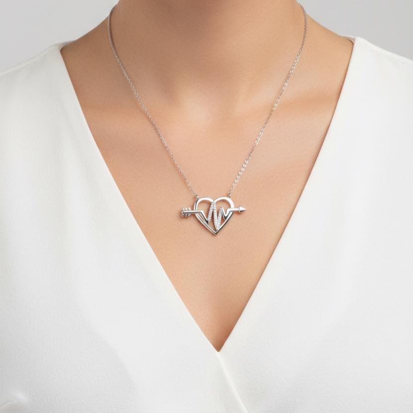 Sterling Silver Heartbeat Pendant Necklace with Glittering Zircon -