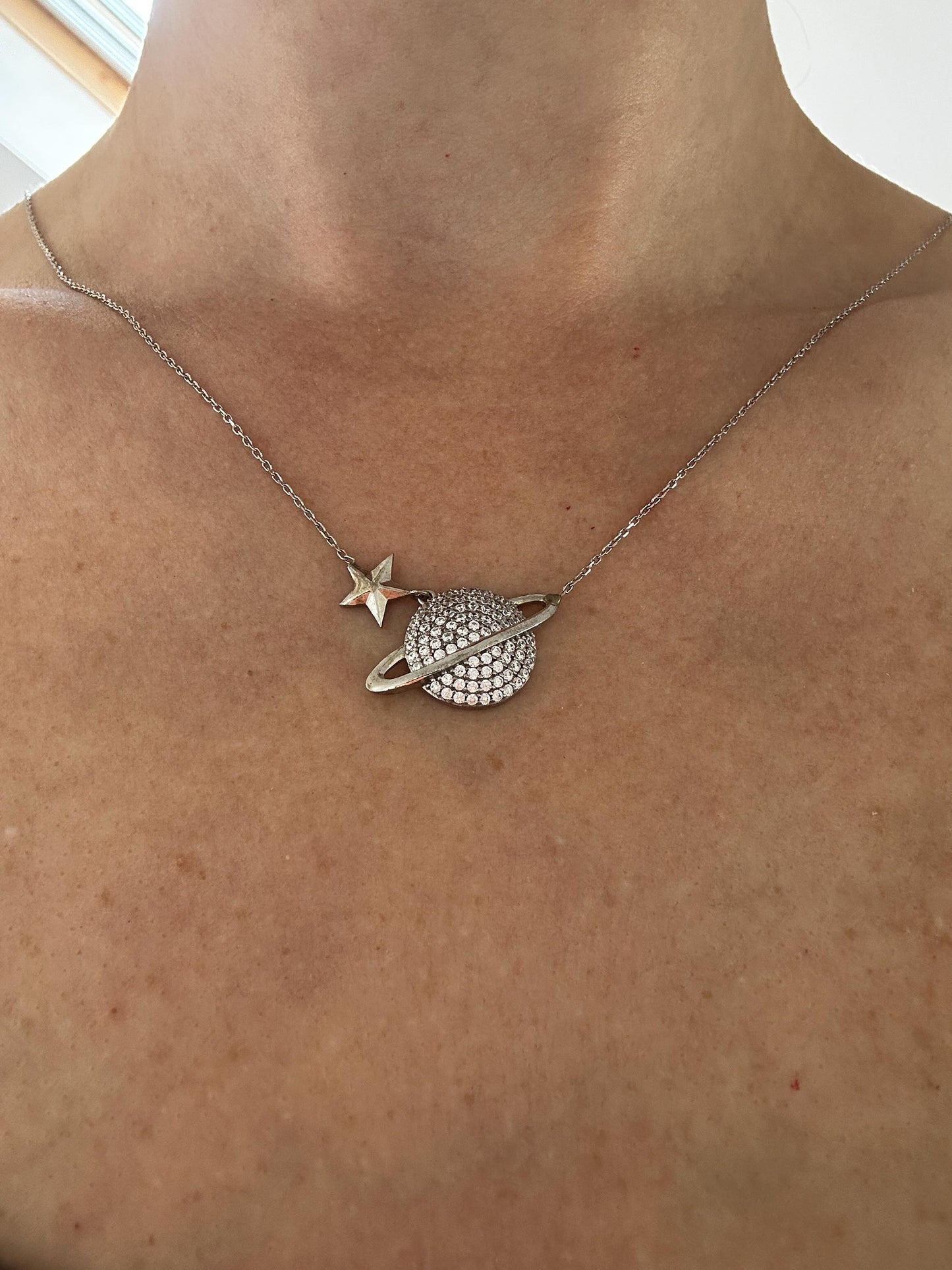 Celestial Charm-Sterling Silver Saturn Necklace with Sparkling Zircon Planet Pendant -Exclusive Gift for Her