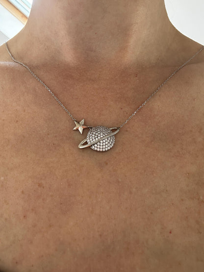 Celestial Charm-Sterling Silver Saturn Necklace with Sparkling Zircon Planet Pendant -Exclusive Gift for Her