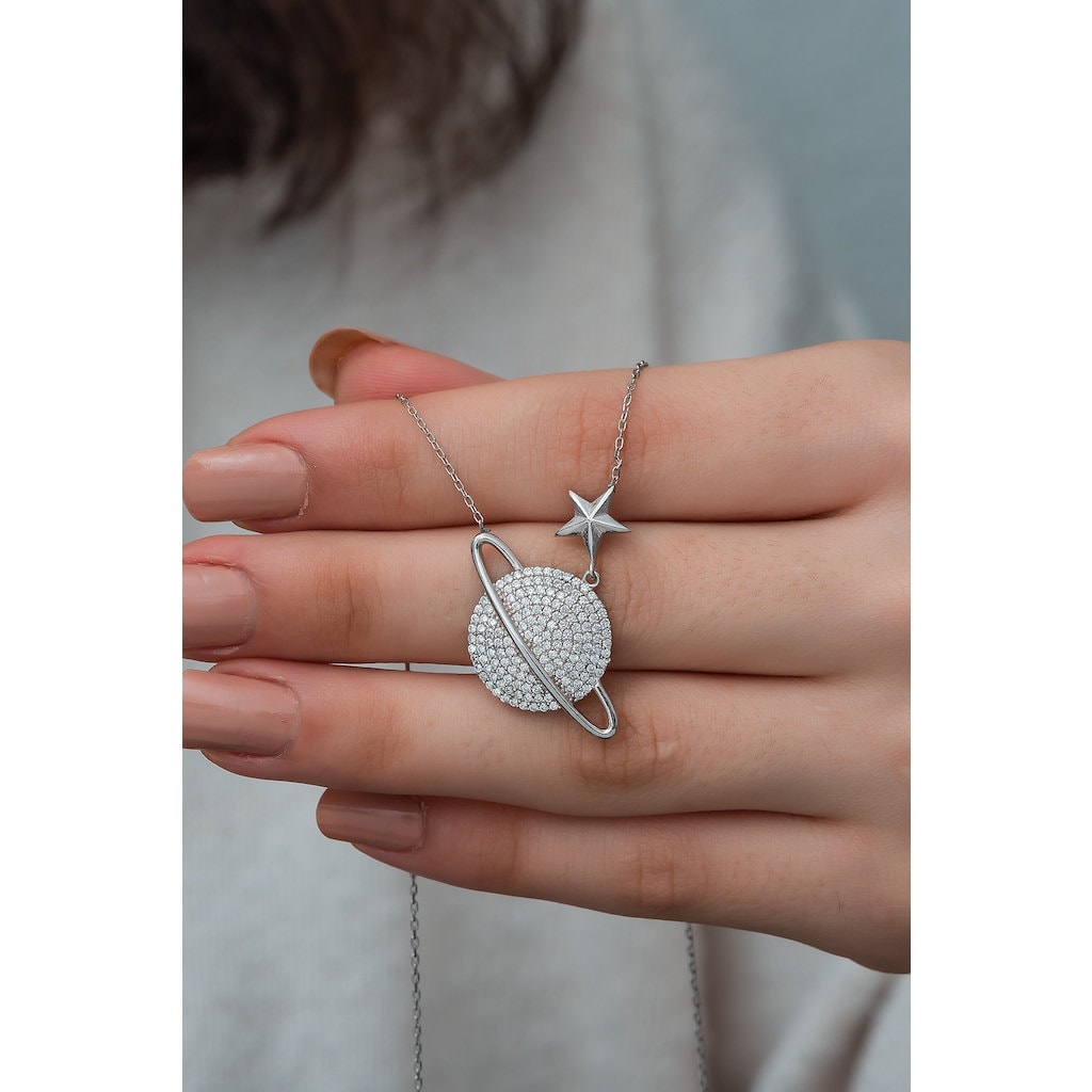 Celestial Charm-Sterling Silver Saturn Necklace with Sparkling Zircon Planet Pendant -Exclusive Gift for Her
