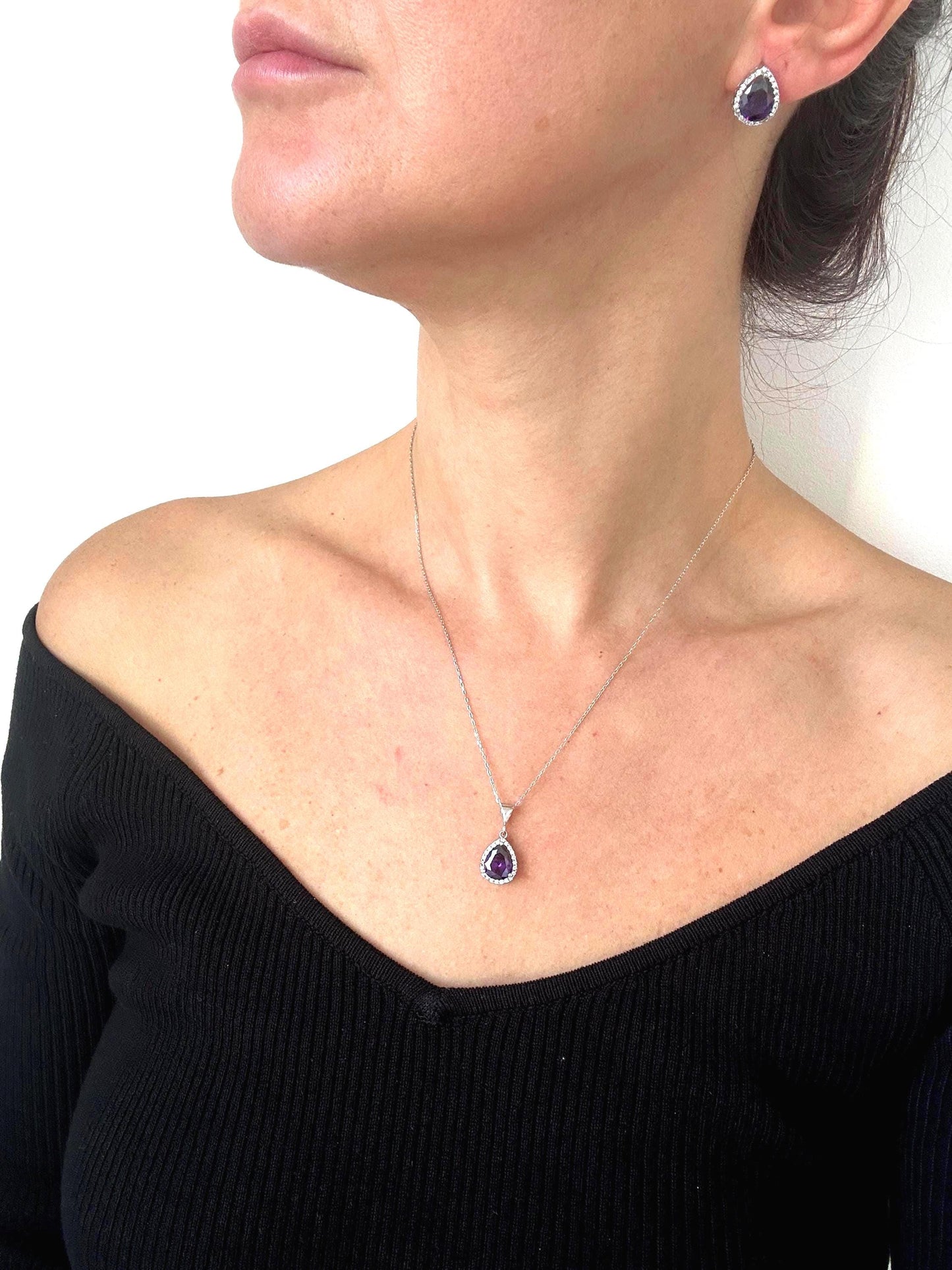 Elegant Amethyst Teardrop Necklace & Earrings Set - February Birthstone Jewelry