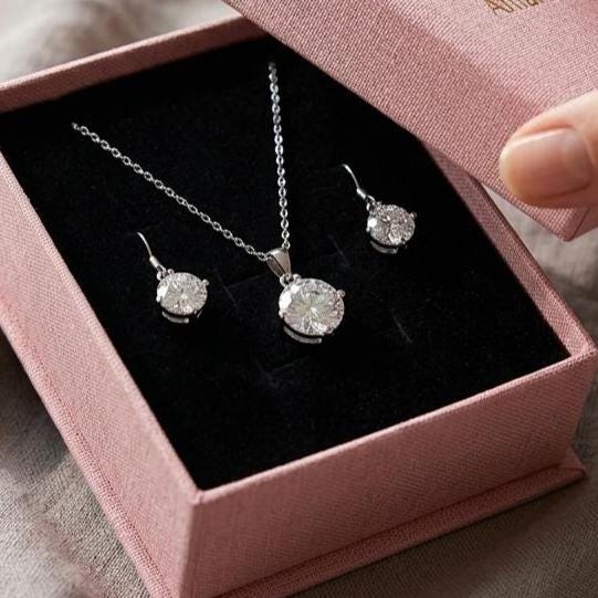 Cubic Zirconia Solitaire Necklace with Matching Sterling Silver Earrings Set