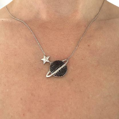Glamorous Cosmic Necklace - Black Zircon Saturn Pendant in Sterling Silver -Gift for Her