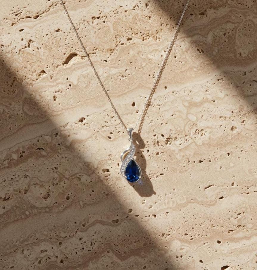 Royal Blue Sapphire Teardrop Pendant – Sterling Silver September Birthstone
