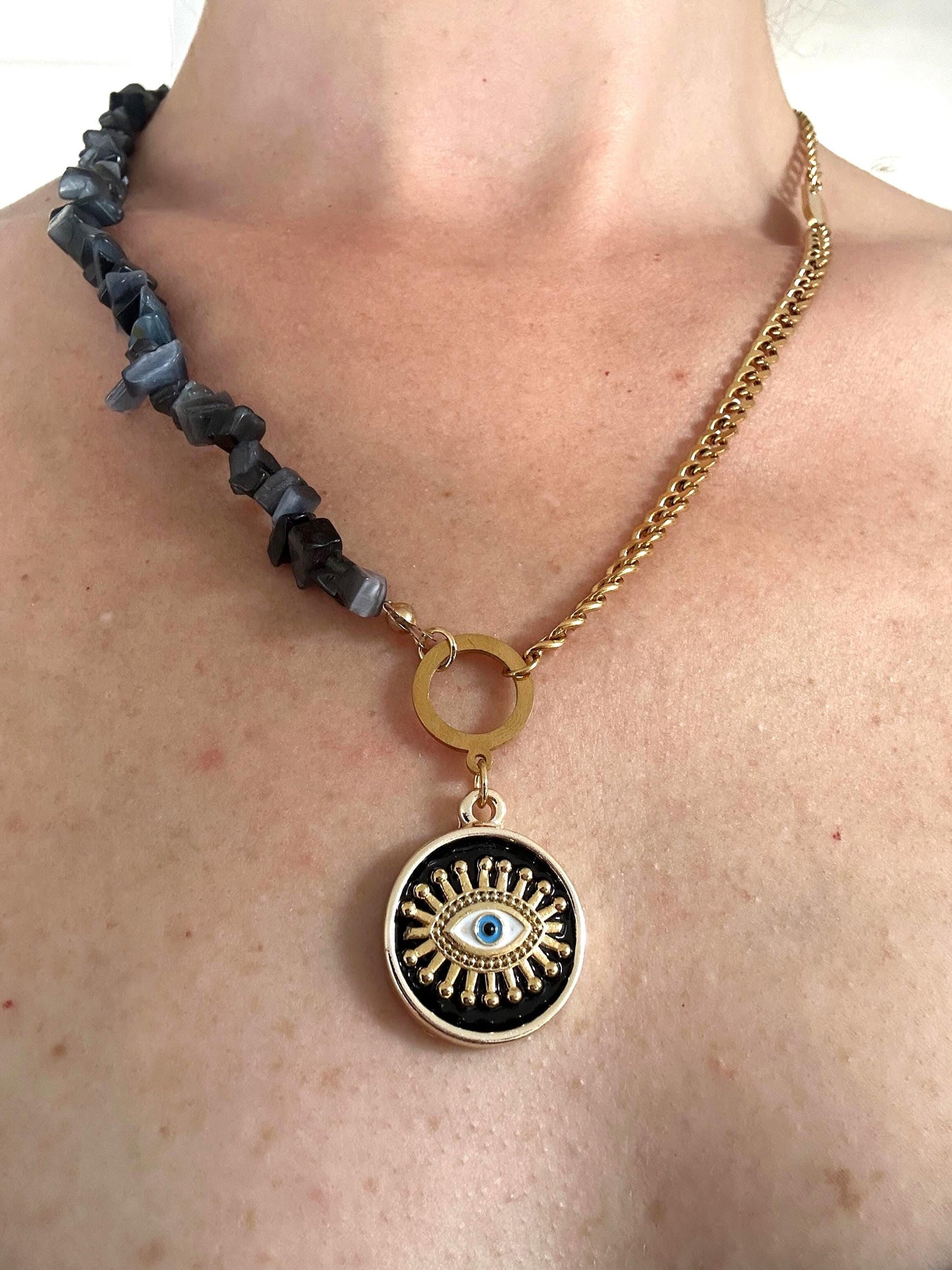 Evil Eye Pearl Necklace: Gold Brass Pendant