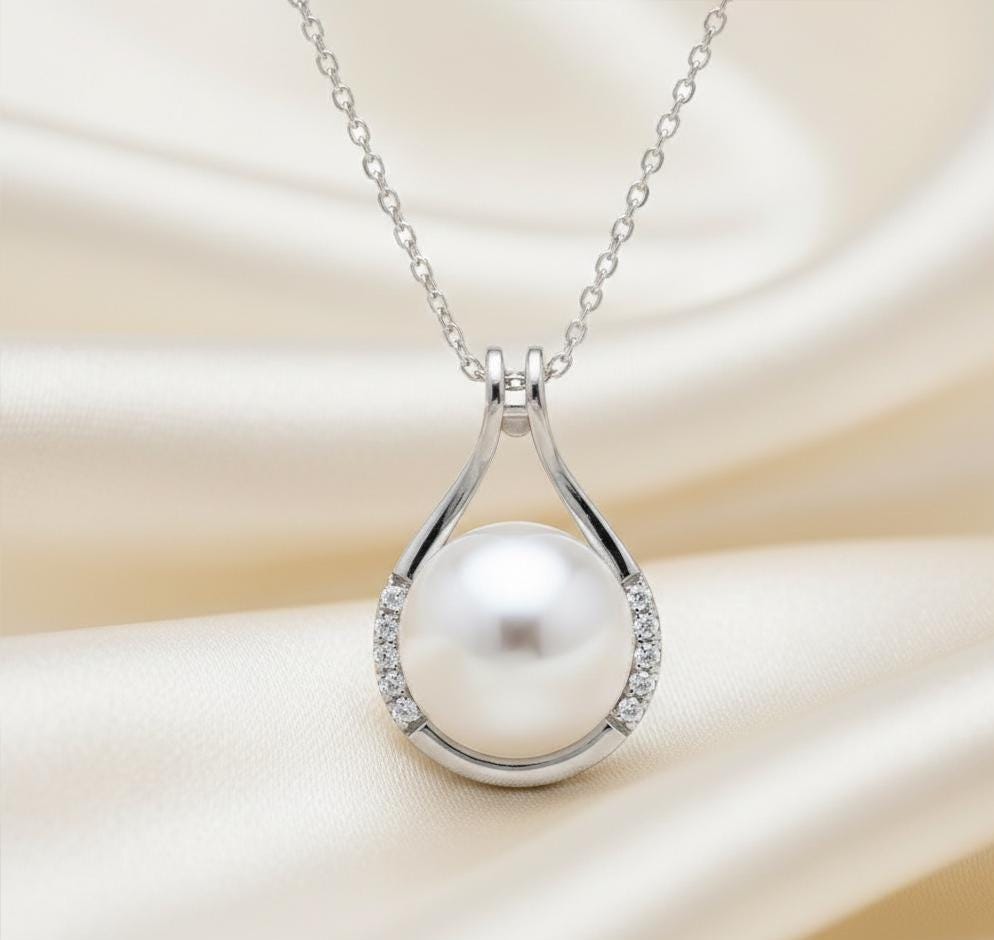 White Pearl in Sterling Silver Circle Charm -Dainty