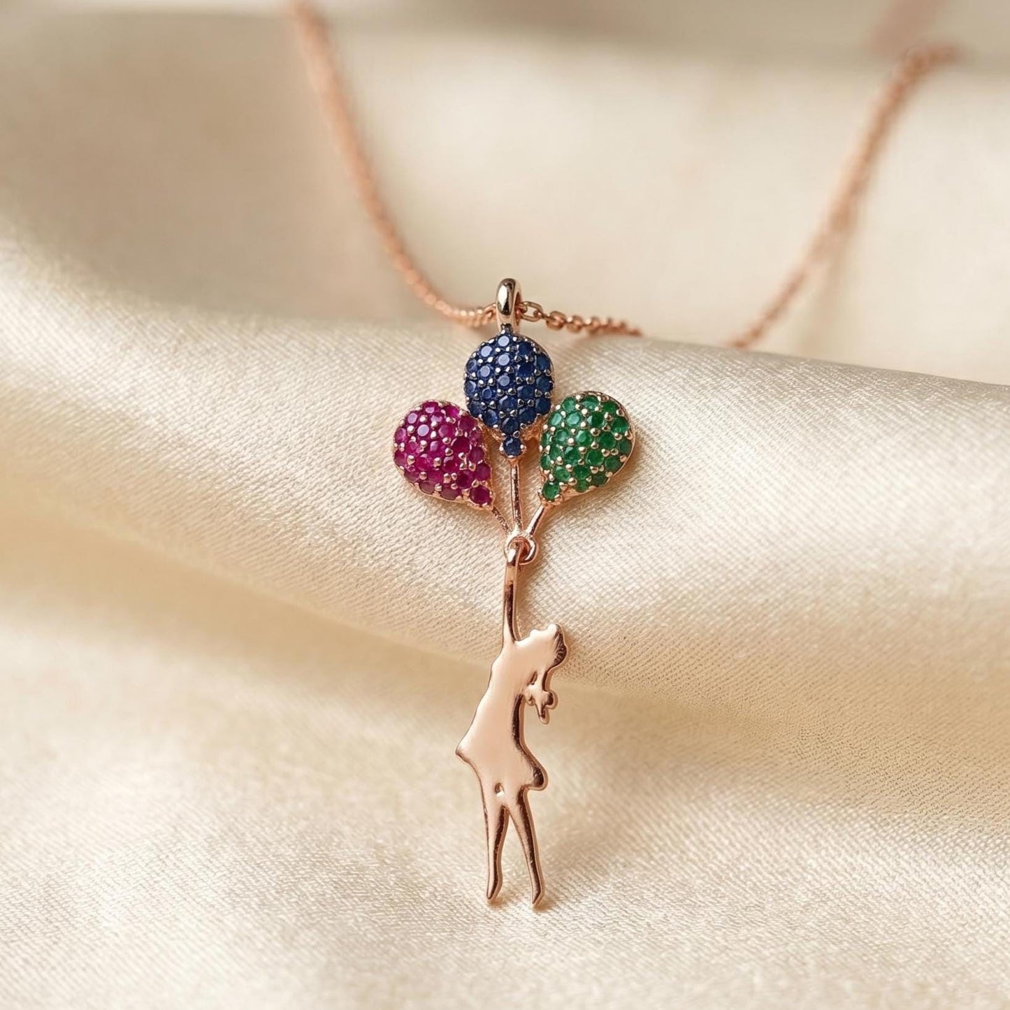 Sterling Silver Balloon Pendant Necklace - Rose Gold Flying Girl with Zircon