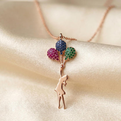 Sterling Silver Balloon Pendant Necklace - Rose Gold Flying Girl with Zircon