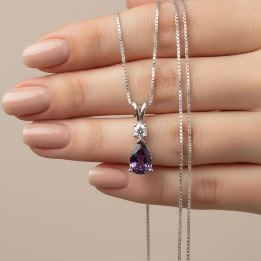 Amethyst Minimalist Necklace - February Birthstone Pendant - Dainty Jewelry -925 Sterling Silver