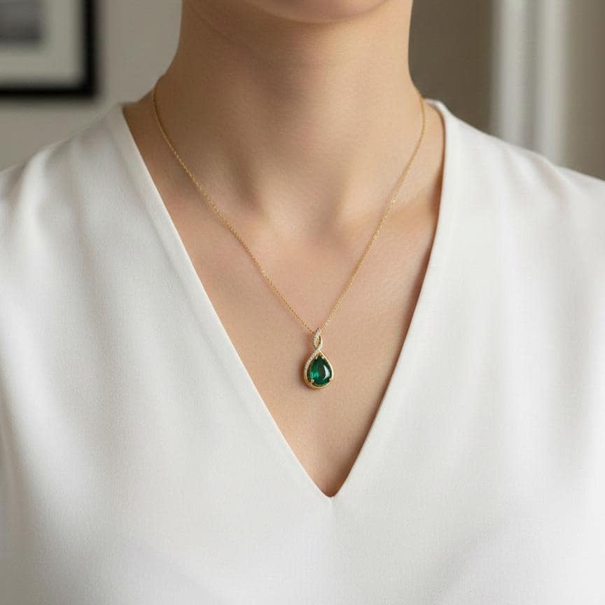 Gold Vermeil Emerald  Infinity Necklace -May Birthstone Pendant - 925 Sterling Silver-Valentine Gift for Her