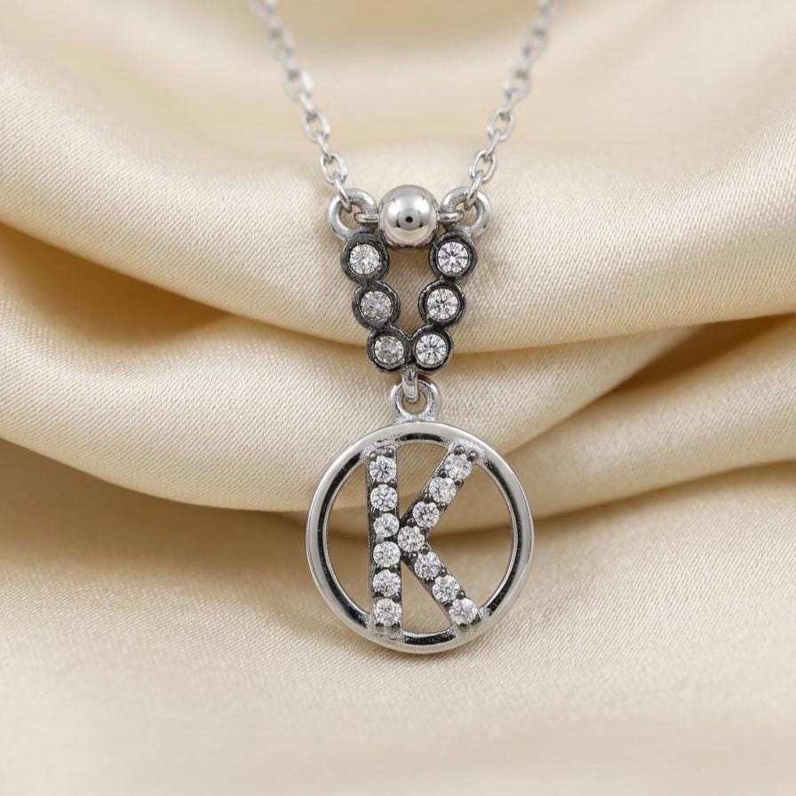 Custom K Initial Necklace - Sterling Silver with Zircon Letter Charm