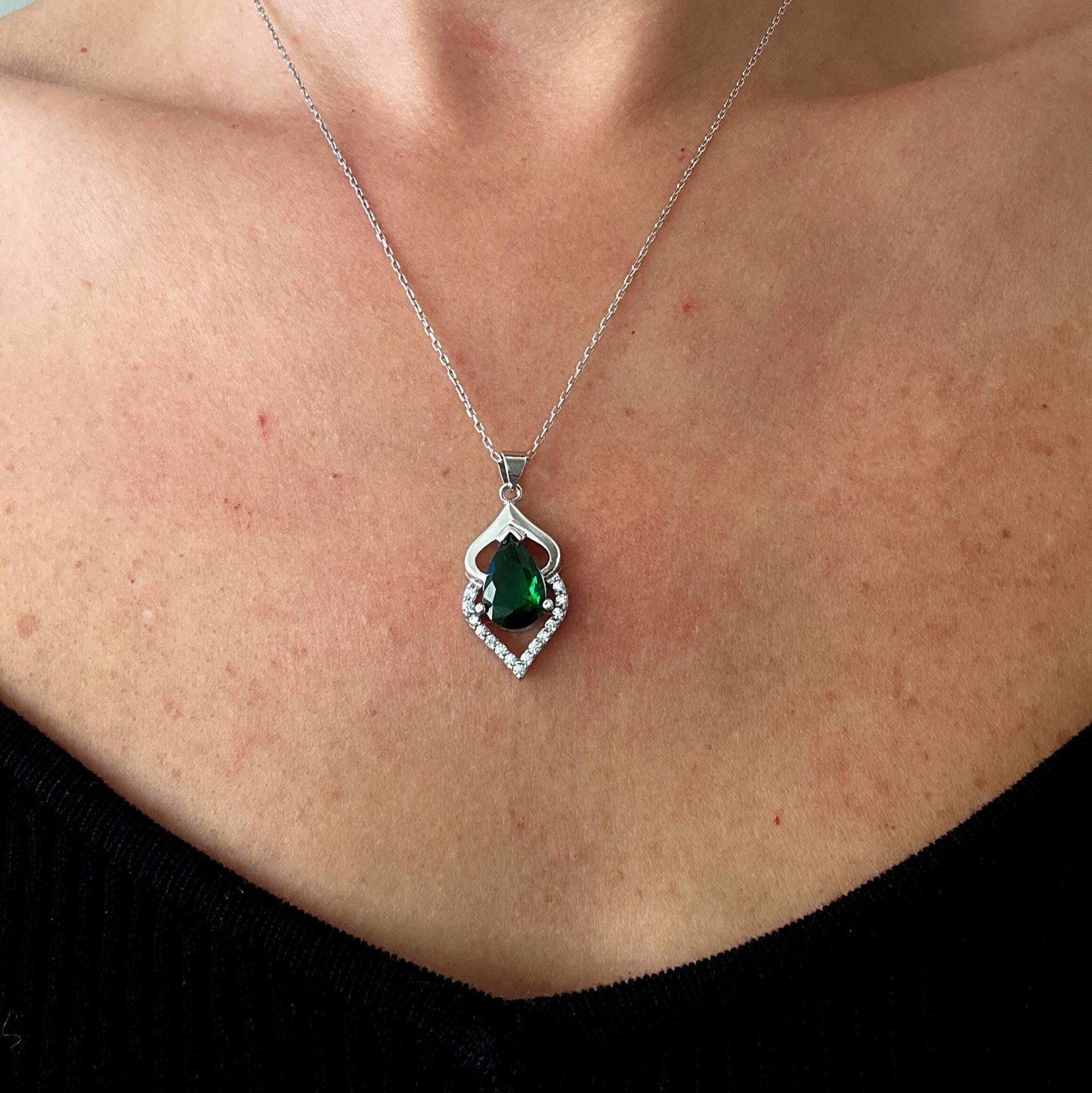 Handmade Emerald Teardrop Necklace - May Birthstone Jewelry - Valentine's Gift