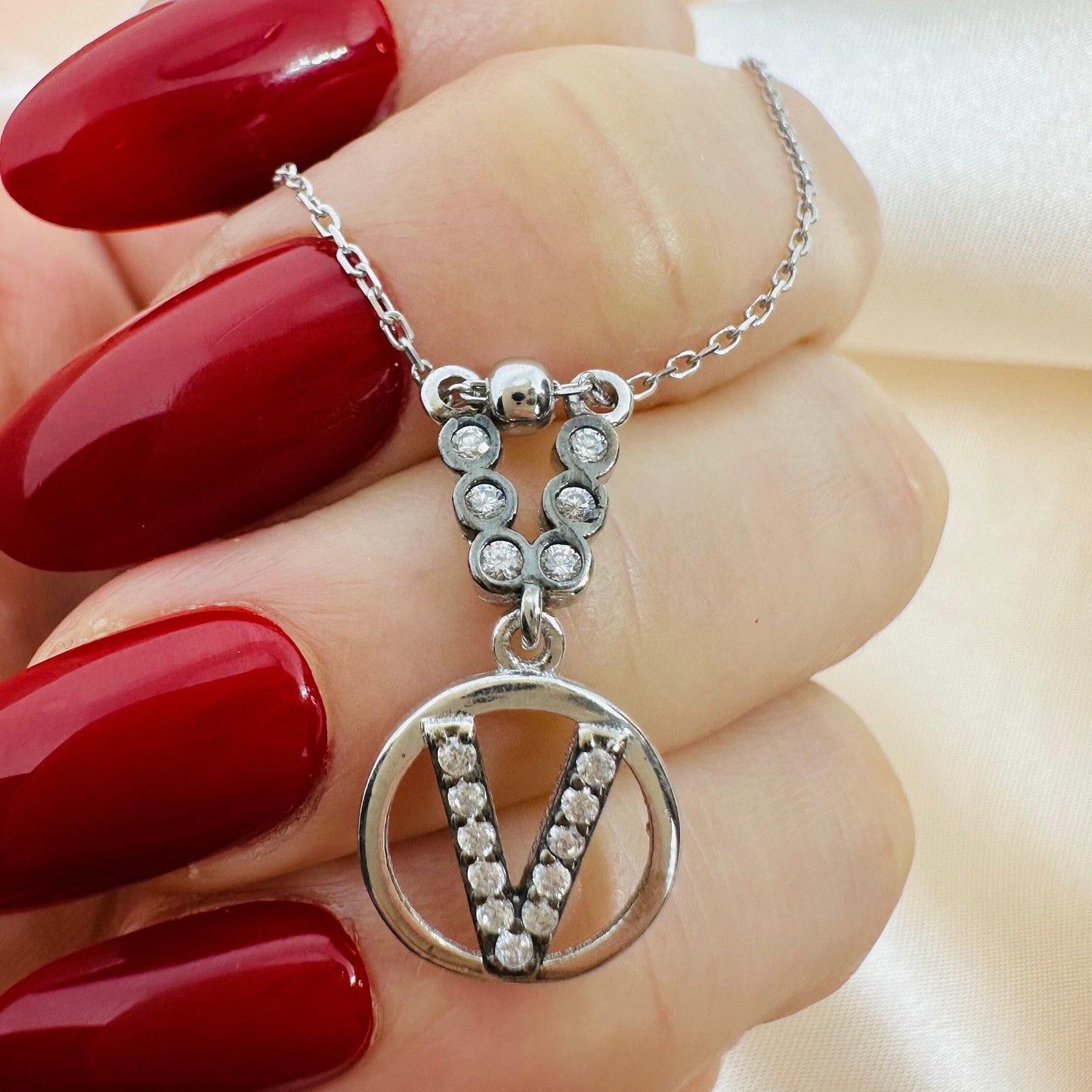Personalized Sterling Silver V Initial Necklace - Custom Letter with Zircon