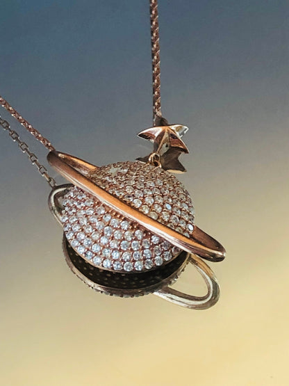 Sterling Silver Planet Pendant, Saturn Necklace in Rose Gold, Celestial Charm, Space Necklace,Exclusive Gift for Her