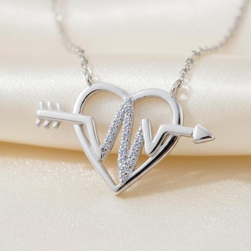 Sterling Silver Heartbeat Pendant Necklace with Glittering Zircon -