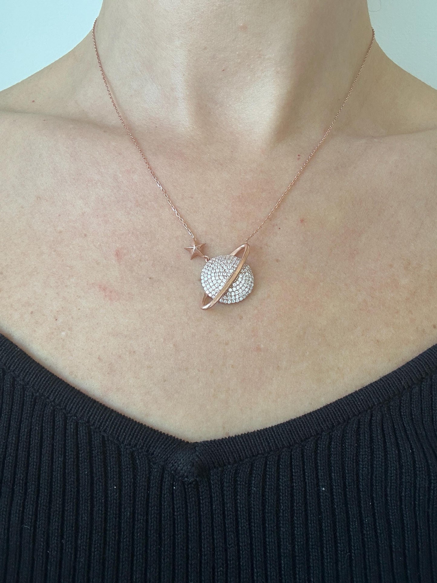 Sterling Silver Planet Pendant, Saturn Necklace in Rose Gold, Celestial Charm, Space Necklace,Exclusive Gift for Her