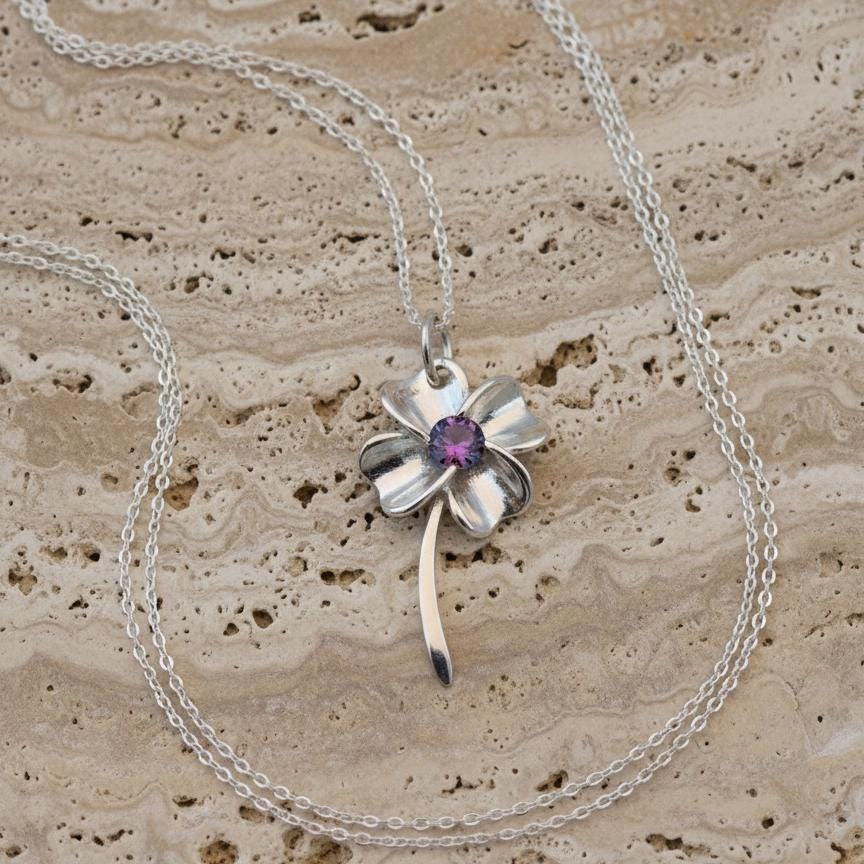 Amethyst Floral Pendant - Sterling Silver Nature Necklace-February Birthstone Jewelry Gift