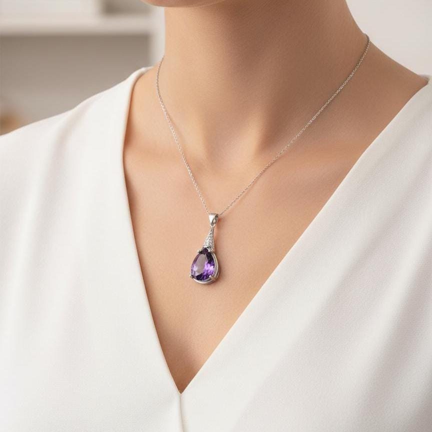 Chunky Amethyst Gemstone Necklace in Sterling Silver- February Birthstone Jewelry