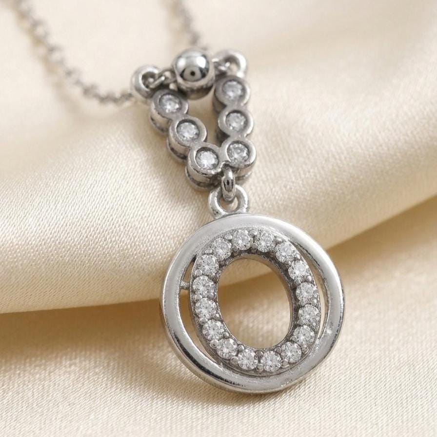 Custom O Initial Necklace in Sterling Silver - Sparkling Zircon Letter Jewelry