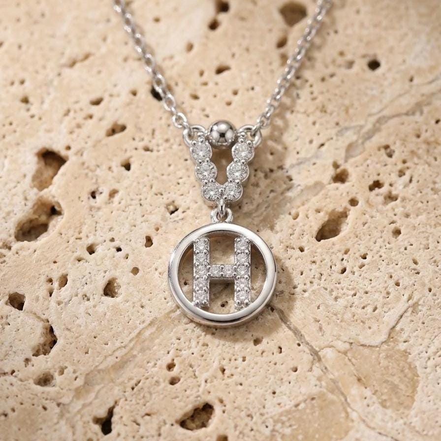 Personalized H Necklace - Sterling Silver with Zircon Letter Charm