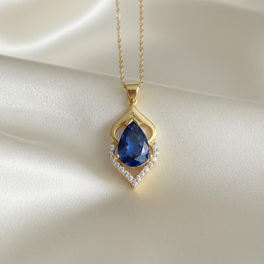 Royal Blue Gold Vermeil Sapphire Pendant -September Birthstone Necklace