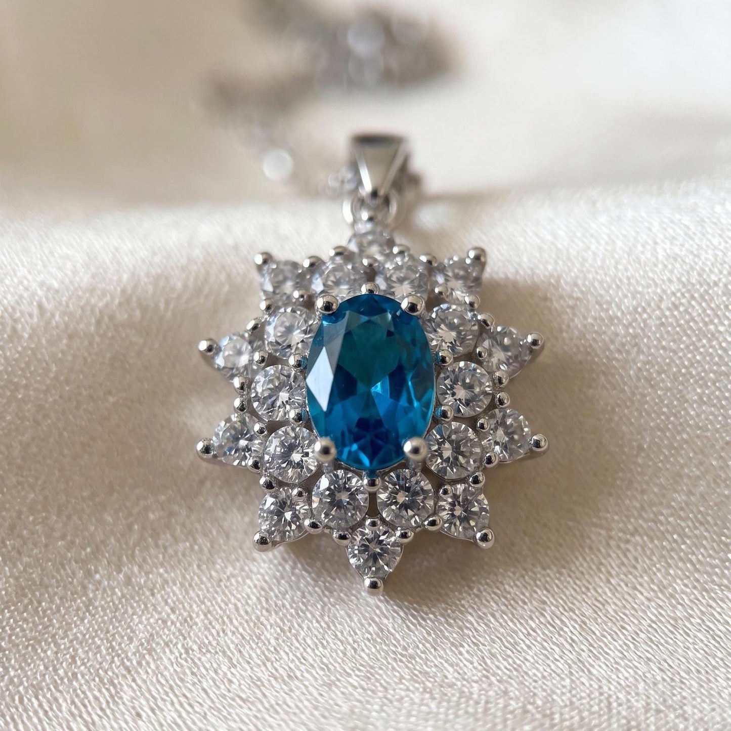 Dainty Blue Topaz Necklace in Sterling Silver– December Birthstone Floral Pendant - Gift For Her