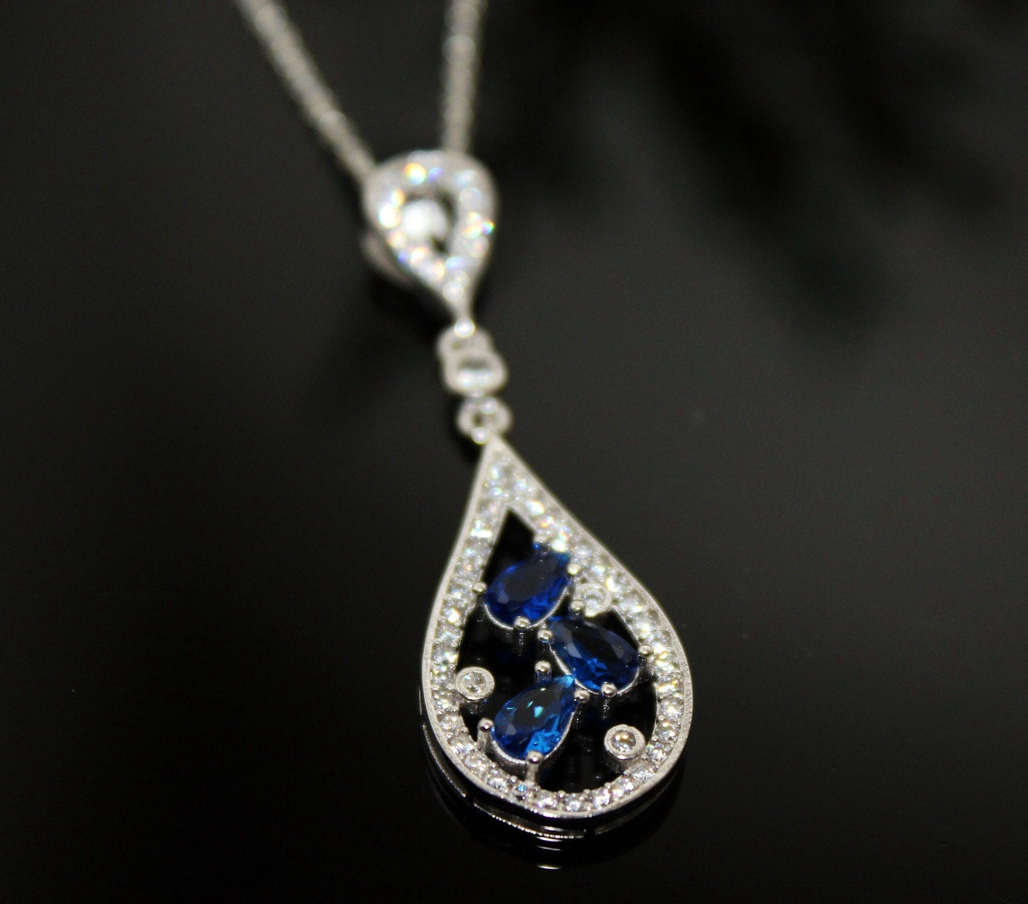 Sterling Silver Sapphire Pendant - September Birthstone Teardrop Necklace -