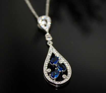 Sterling Silver Sapphire Pendant - September Birthstone Teardrop Necklace -