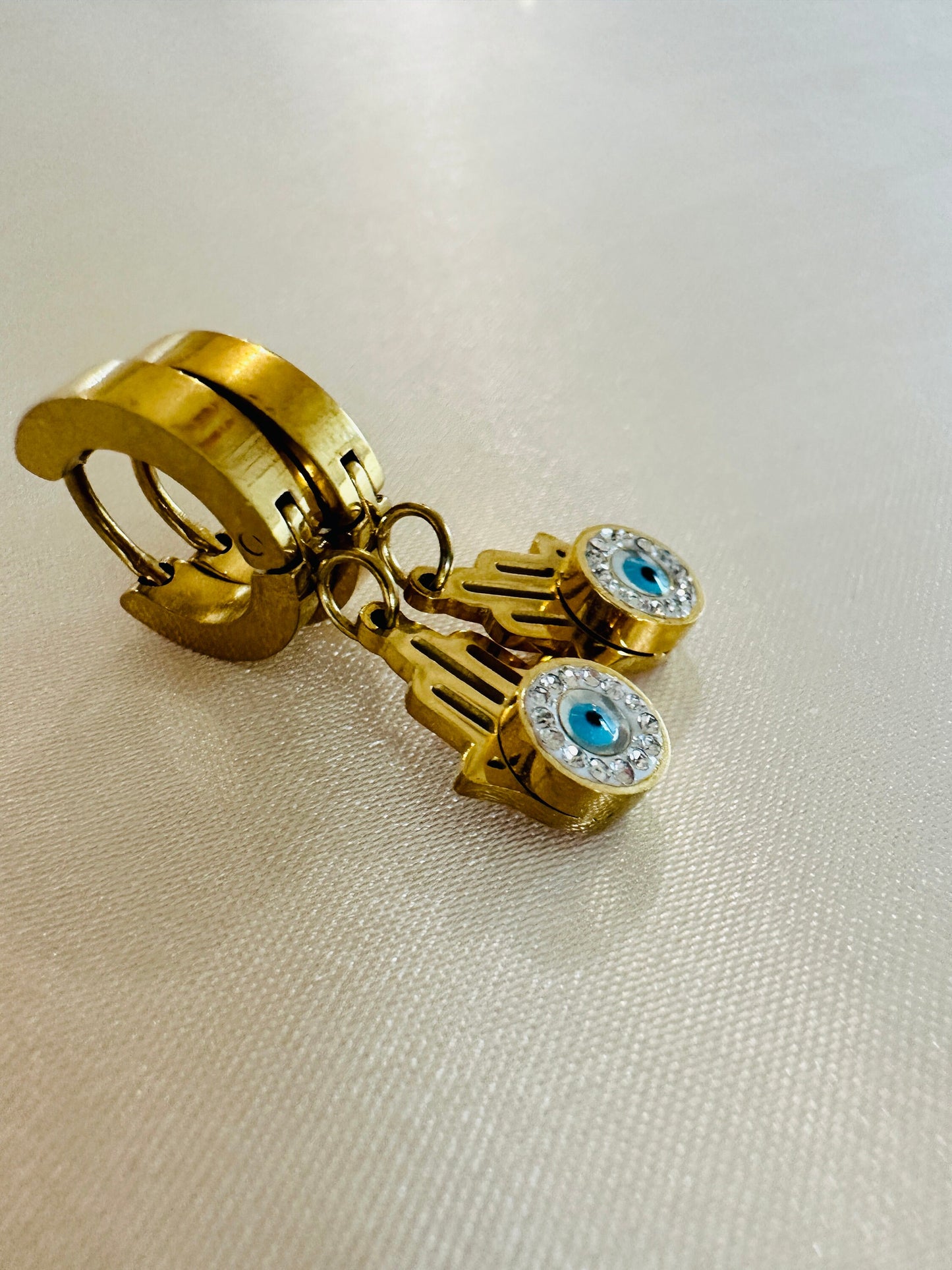 Gold Hamsa Hand Evil Eye Earrings: 18K Plated Stainless Steel