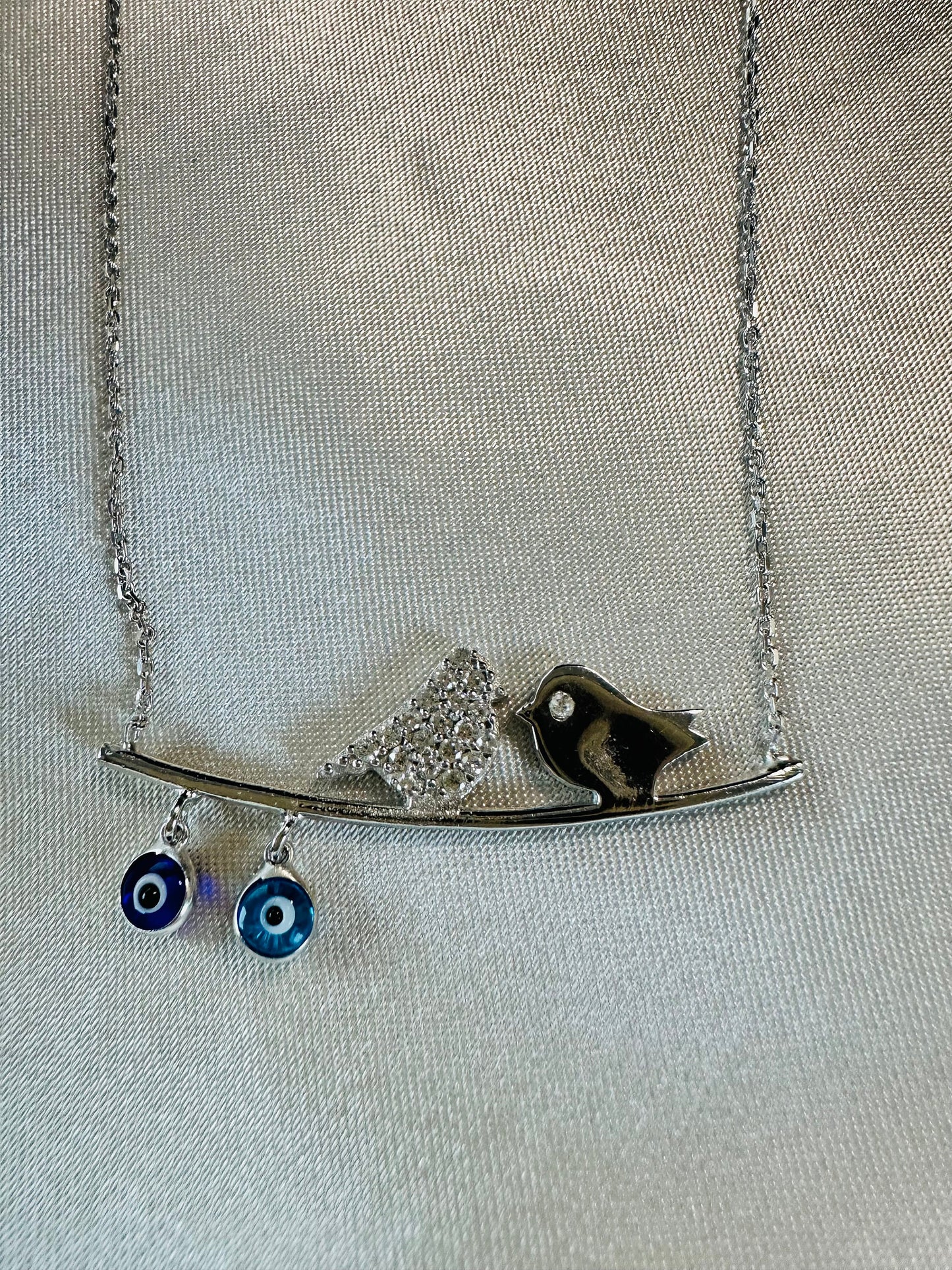 Evil Eye Beaded Bird Sterling Silver Necklace- Dainty Charm