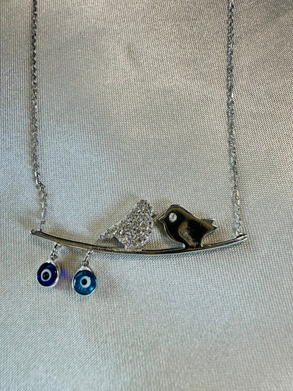 Evil Eye Beaded Bird Sterling Silver Necklace- Dainty Charm
