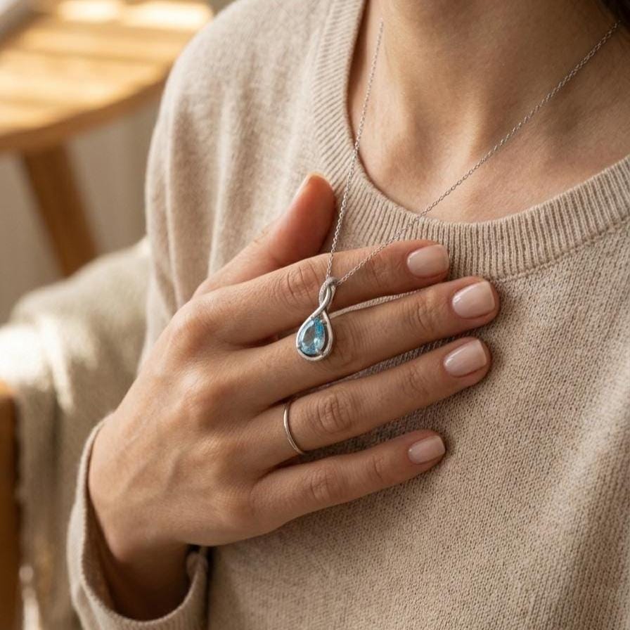 Aquamarine Infinity Necklace -March Birthstone Pendant - Gift For Her