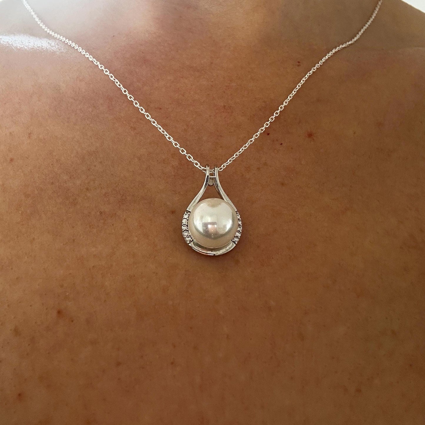 White Pearl in Sterling Silver Circle Charm -Dainty