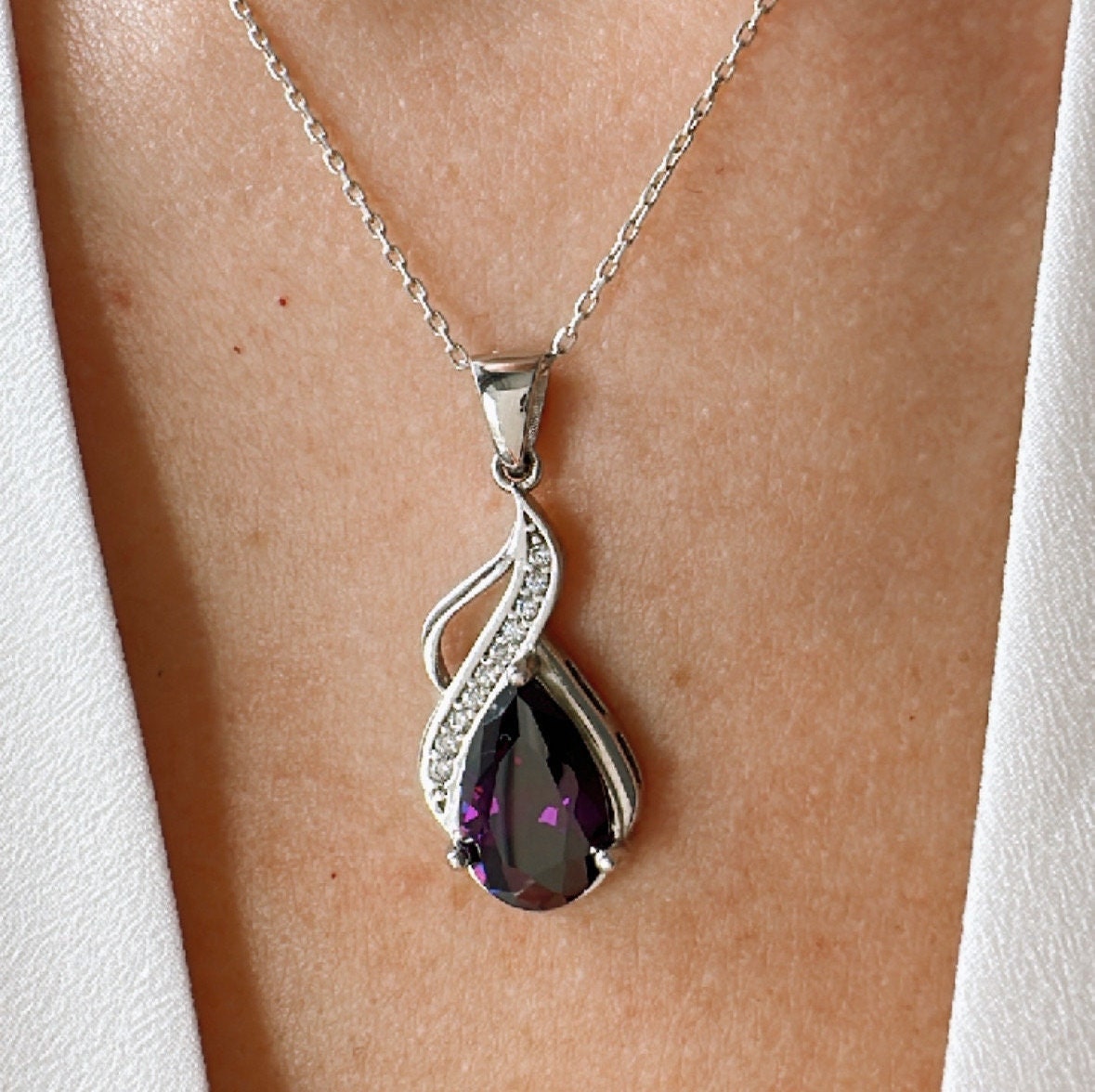 Amethyst Teardrop Necklace – February Birthstone in Sterling Silver