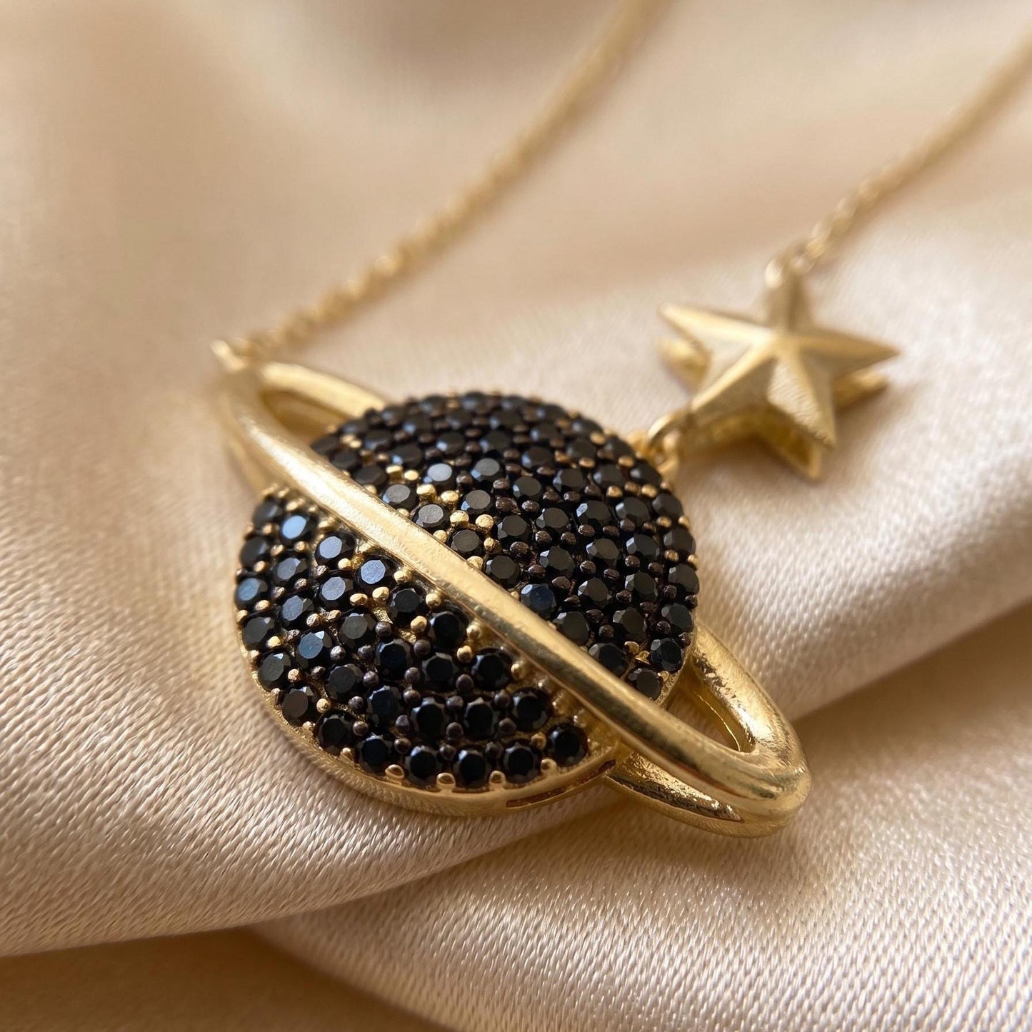 Chic Gold Vermeil Saturn Necklace - Sterling Silver Planet with Black Zircon