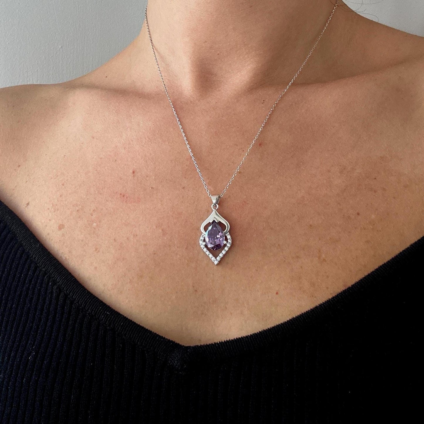 Pear Cut Amethyst Pendant Necklace in Sterling Silver - February Birthstone -