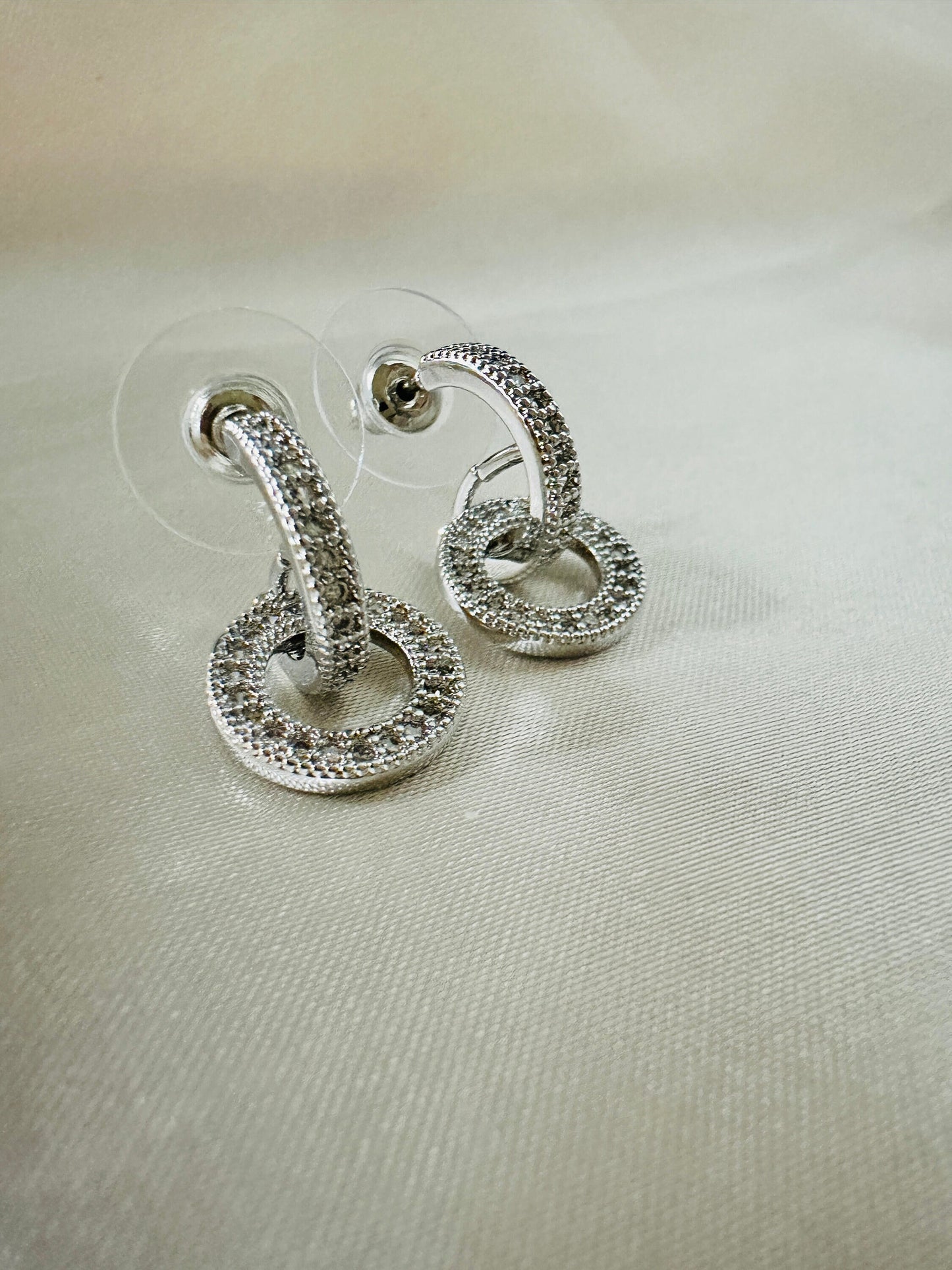 Cubic Zircon Dangle Drop Earrings: Silver Double Circle
