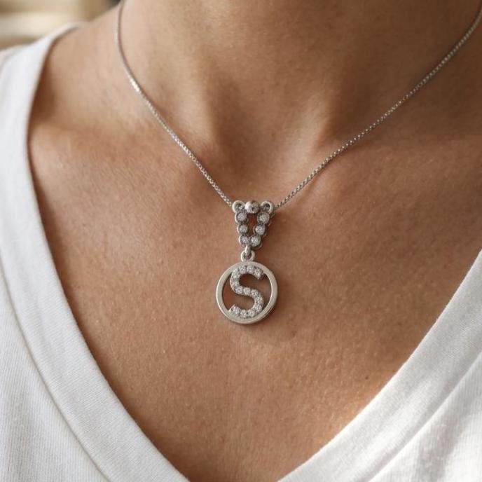 Custom Sterling Silver S Initial Necklace | Zircon Letter Pendant