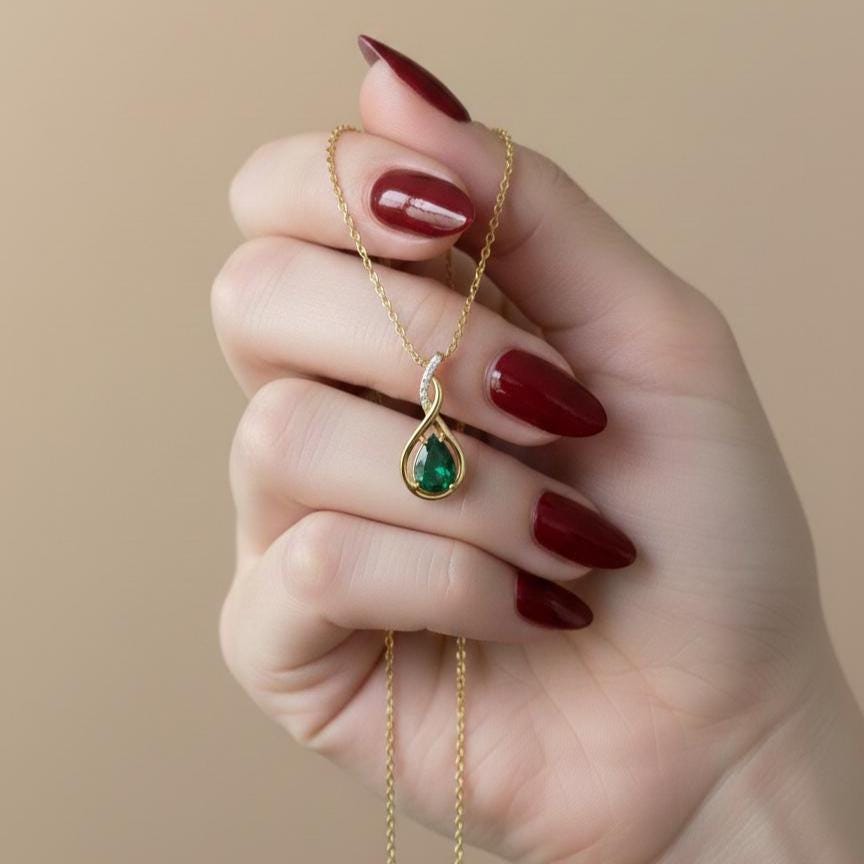 Gold Vermeil Emerald  Infinity Necklace -May Birthstone Pendant - 925 Sterling Silver-Valentine Gift for Her