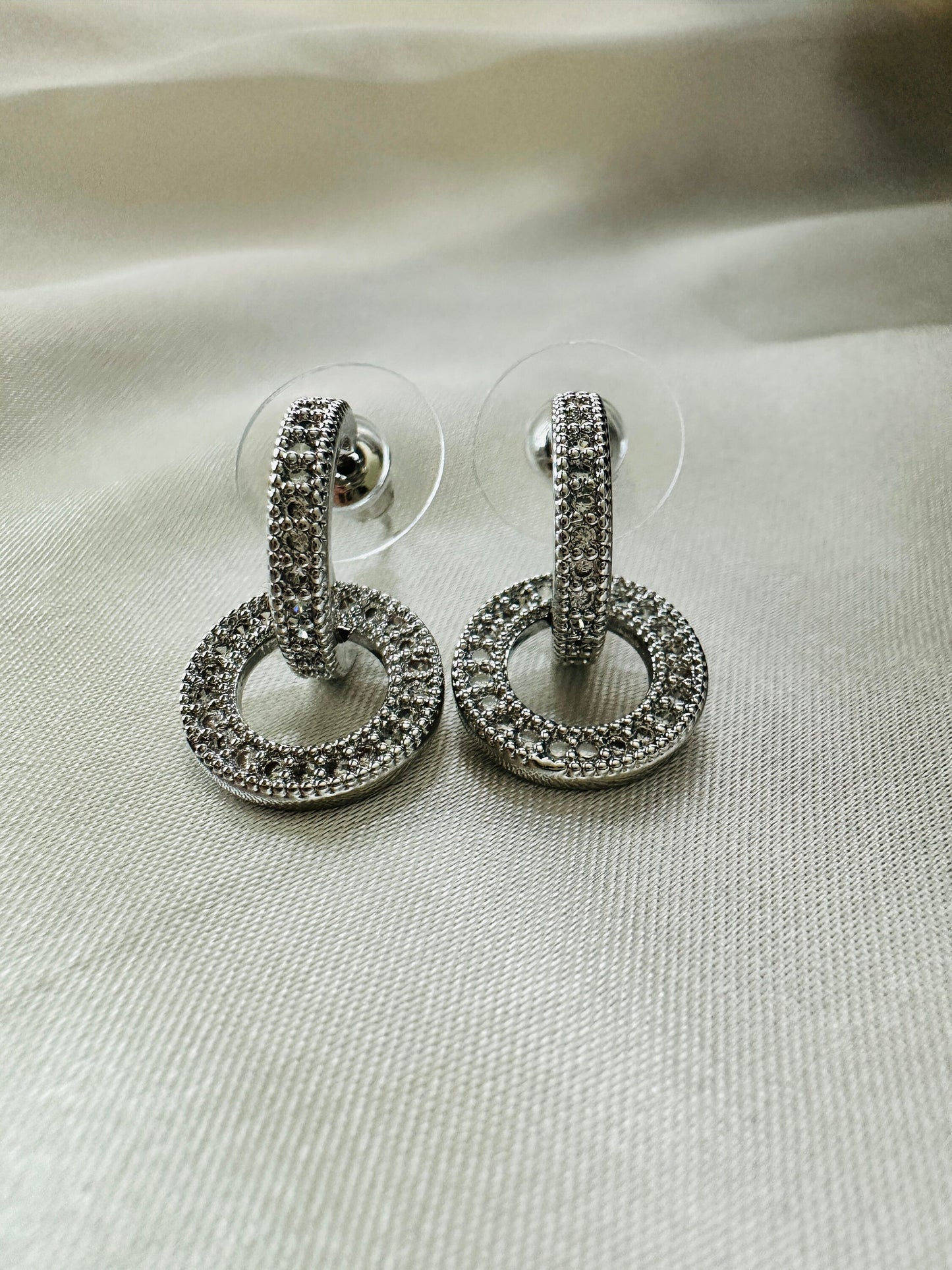 Cubic Zircon Dangle Drop Earrings: Silver Double Circle