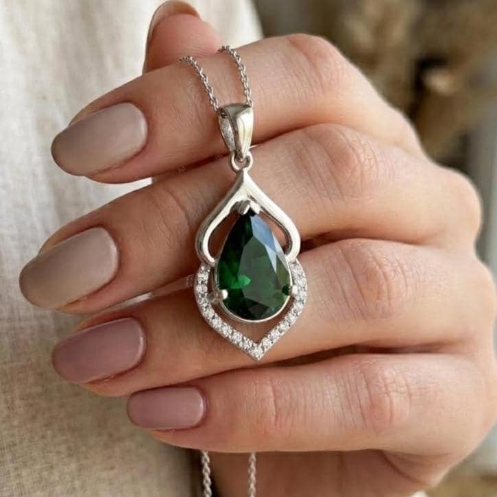Handmade Emerald Teardrop Necklace - May Birthstone Jewelry - Valentine's Gift